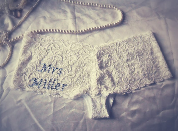 Hochzeit - Personalised Wedding Ivory Lace Knickers with Blue Diamante. Bridal Underwear Wedding Gift. Honeymoon Lingerie