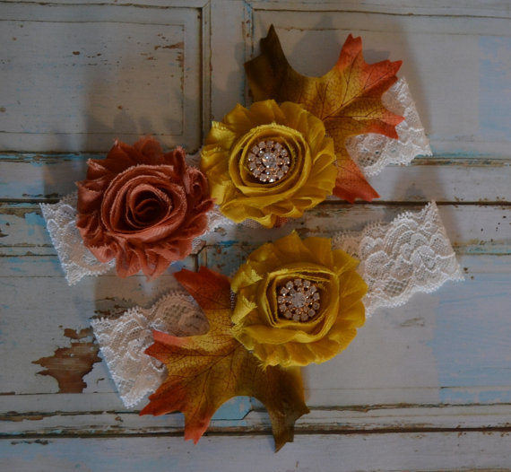 Wedding - Wedding Garter, Fall Wedding Garter Set, Unique Rustic Garter Set, Autumn Copper and Yellow Frayed Flowers and Fall Leaves Bridal Garter Set