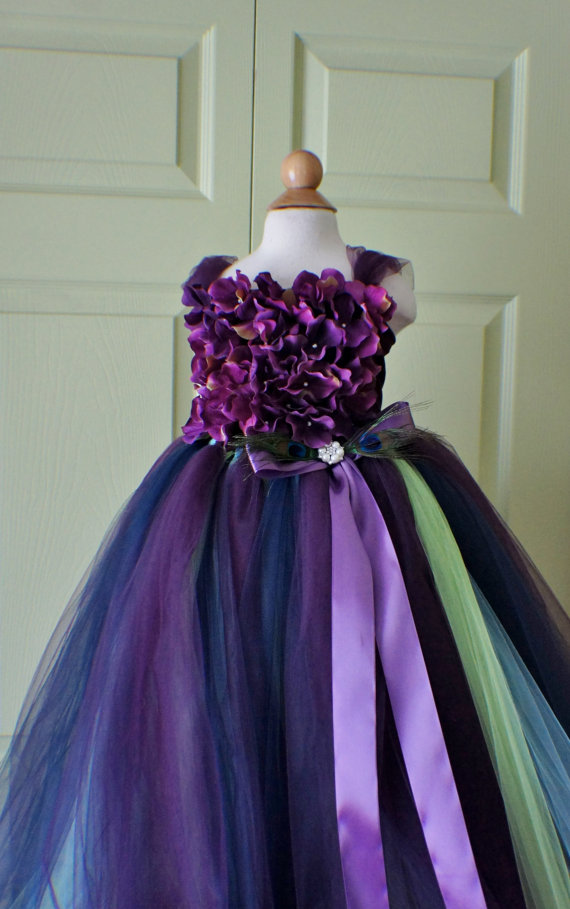 زفاف - Flower girl dress Deep Purple tutu dress, Peacock Tutu, flower top, hydrangea top, toddler tutu dress