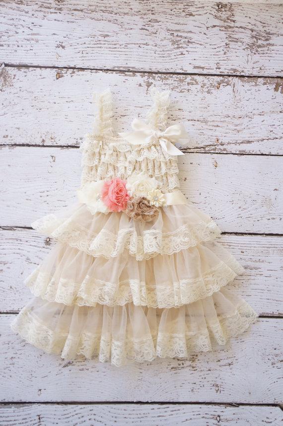 Hochzeit - Flower Girl Dress - Lace Flower girl dress - Baby Lace Dress - coral- Country Flower Girl - Lace Dress - Ivory Lace dress -  Bridesmaid