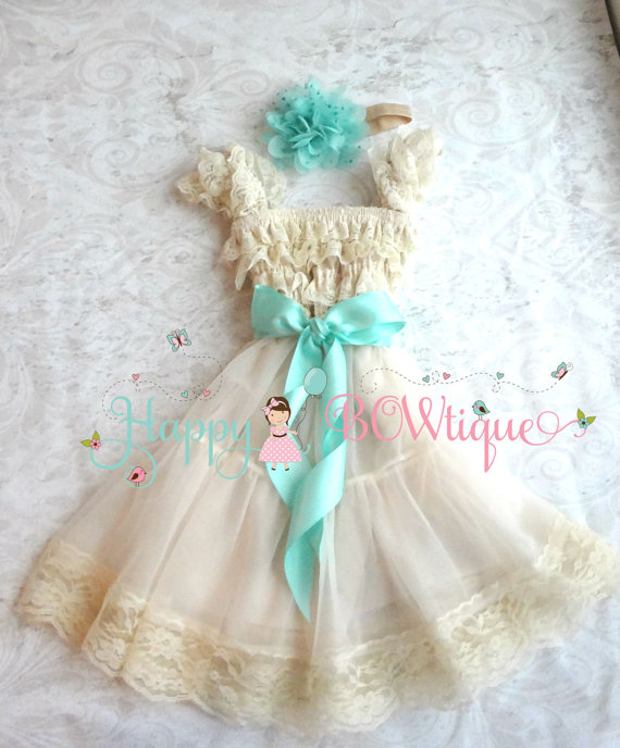 Mariage - Flower girls dress, Champagne Mint dress set,Girls Lace Chiffon Dress set,Birthday,rustic dress,Flower girl lace dress, Baby Girls dress