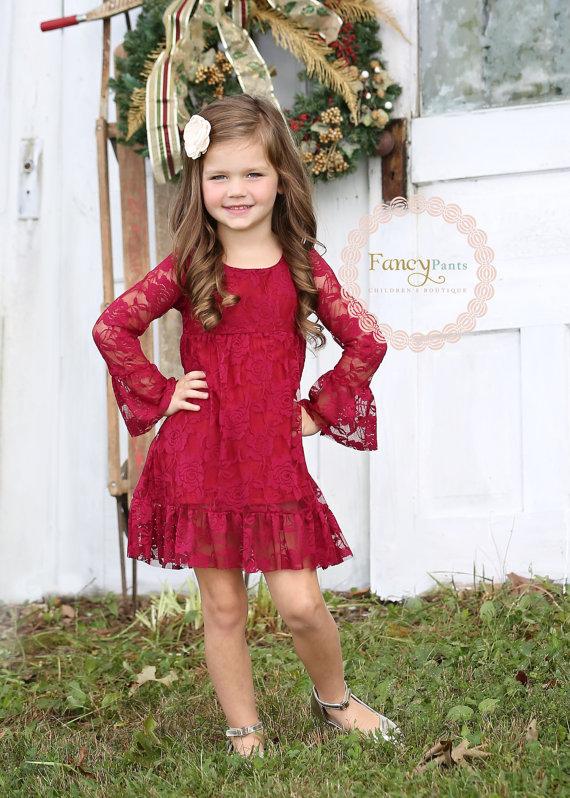 Mariage - Burgandy  Dress - Boho style- Flower girl dress -Lace flower girl dresses- Long sleeve lace dress- lace dress,Toddler Dress- Christmas Dress