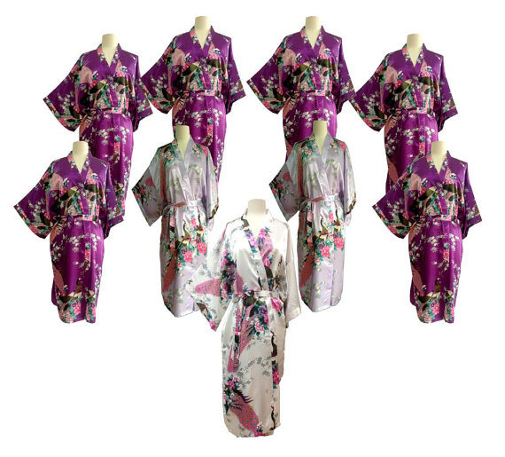 Hochzeit - On Sale Set 9 Kimono Robes Bridesmaids Silk Satin 6 purple 2 lavender 1 white