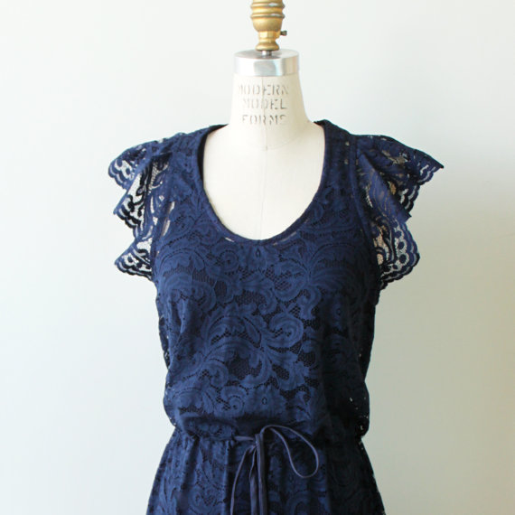 Wedding - Boho Navy Lace Bridesmaid Cocktail Dress with flutter sleeves
