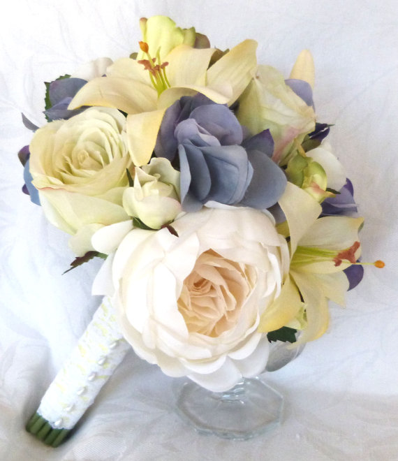 Wedding - Ivory Peony pale green rose yellow lily and hydrangea bouquet and boutonniere set