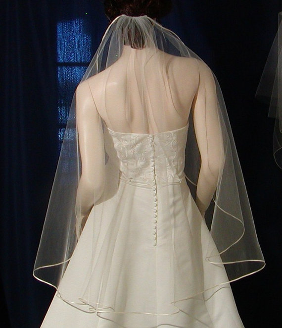 Wedding - Satin Ribbon trimmed cascading style bridal veil available in Elbow to Royal length too !