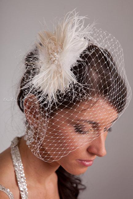 Mariage - Ivory Birdcage Veil, Wedge Birdcage Veil, Wedding veil, with Detachable Peacock & Ostrich Feather Headpiece-Ivory, Champagne