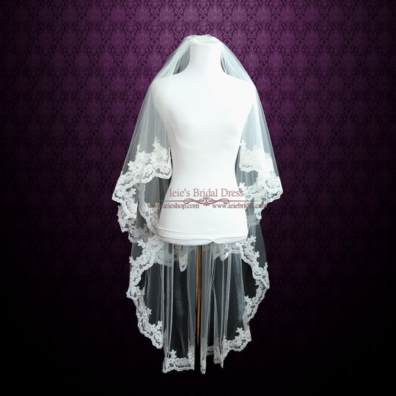 Hochzeit - Two Tier Fingertip Length Lace Wedding Veil with Pearl Beadings 