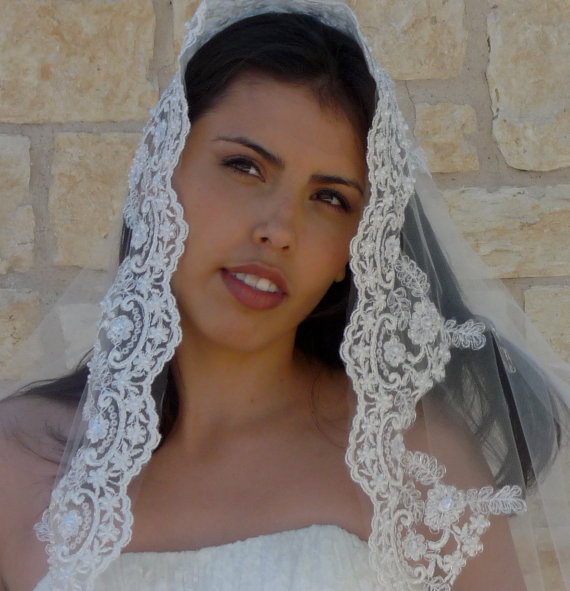 Hochzeit - Cathedral Bridal Veil Mantilla - Beaded Lace, Spanish lace veil, Catholic lace veil,  SILVER thread on white or Ivory, Gold thread on ivory