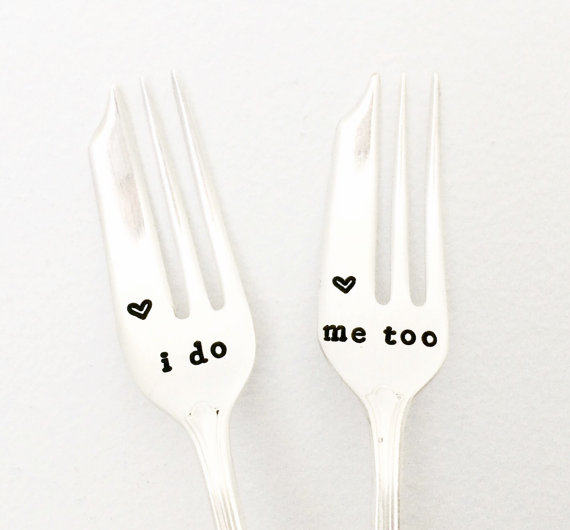 Mariage - I Do Me Too - Vintage Silver Wedding Cake Forks - Hand Stamped Love. Ornate Punched Floral Flatware Cutlery Gift.