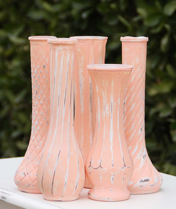 Hochzeit - Set Of Three Peach Shabby Chic Vintage Bud Vases