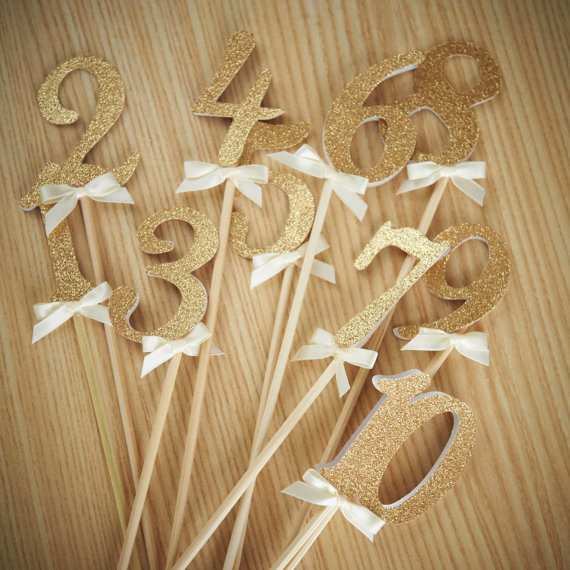 Mariage - Table Numbers on Sticks.  Ships in 1-3 Business Days.  Glitter Number Centerpiece.