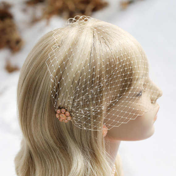Hochzeit - Bandeau Style Veil with Glass Stone Hair Combs Champagne Color Face Veil Bridal Bridesmaids Hair Accessory