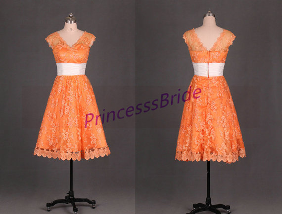 Mariage - 2015 tea length orange lace bridesmaid gowns,cheap simple maid of honor dress hot,cute v-neck dresses for wedding party.