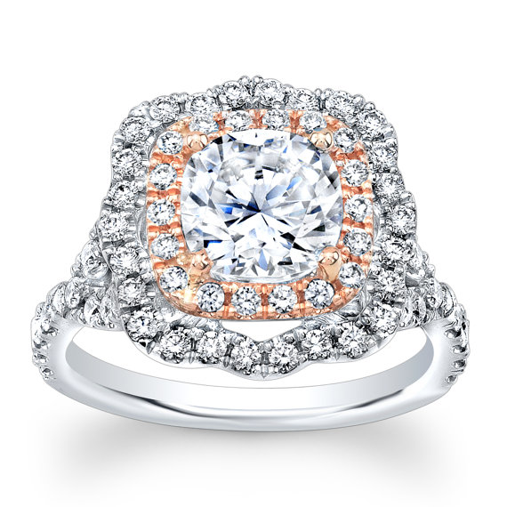 زفاف - Ladies 14k white gold thin cushion double halo diamond engagement ring with 2ct white sapphire center 0.80 ctw G-VS
