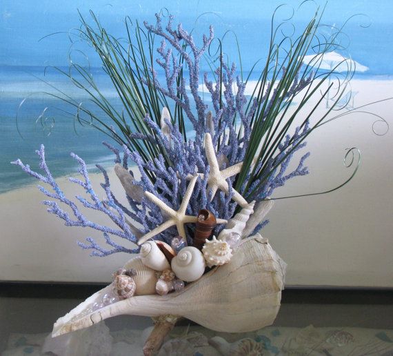 زفاف - Seashell Coral Centerpiece-Beach Grass-Starfish-Driftwood Coastal Table Decor