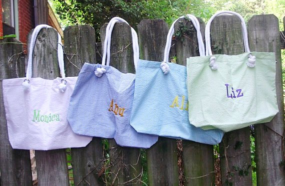 Wedding - Embroidered Personalized Seersucker Bridesmaid Totes