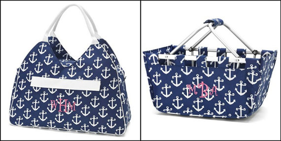 Mariage - Nautical Two Piece Boaters Gift- Extra Large Tote Plus Matching Large Market Tote - Monogrammed or Not