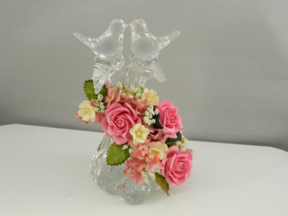 Wedding - Glass Lovebird Topper / Wedding Cake Topper / Pink Roses and glass / Vintage Glass Bird Topper / Lovebird wedding cake topper