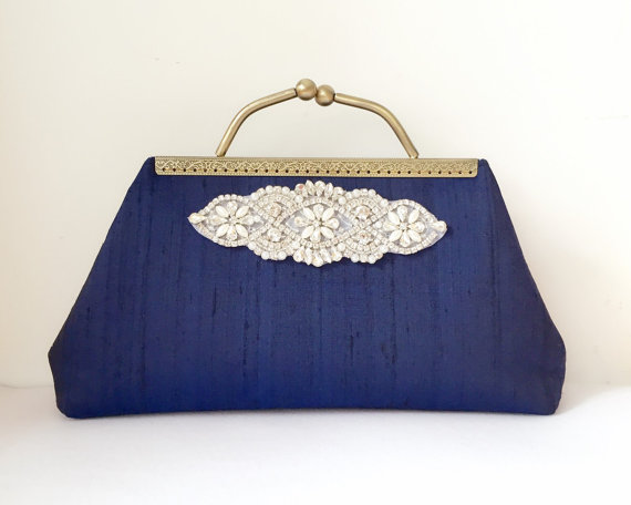 Wedding - Rhinestone Applique Solid Navy Clutch, Deep Blue Clutch, Wedding Clutch, Bridal Clutch, Bridesmaid Clutch, Party Clutch, mother of the bride