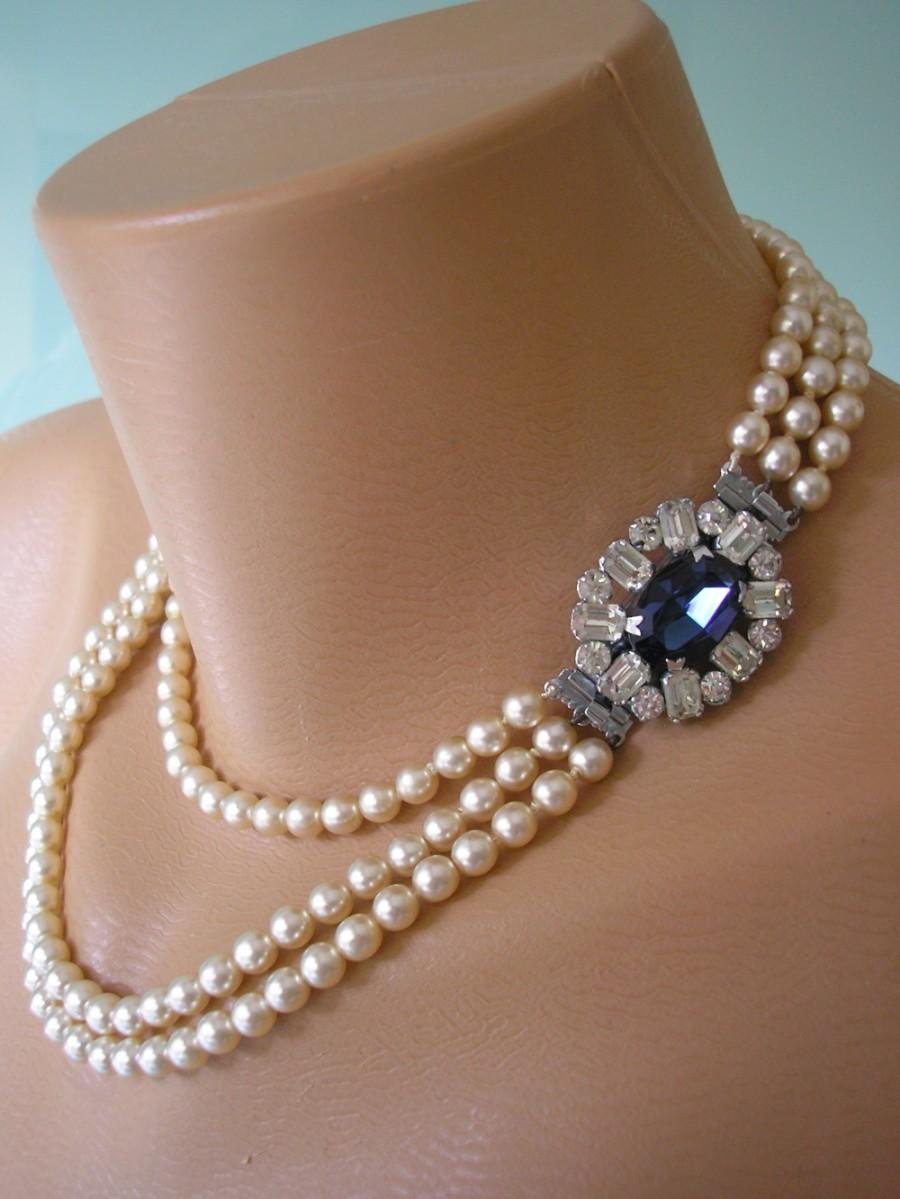 زفاف - Vintage Pearl and Sapphire Rhinestone Bridal Choker Necklace