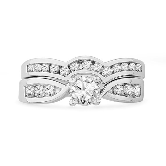 زفاف - 1 CT. T.W. Diamond Solitaire Bridal Ring Set, White Gold Or Sterling Silver Engagement Ring With Diamond Wedding Band