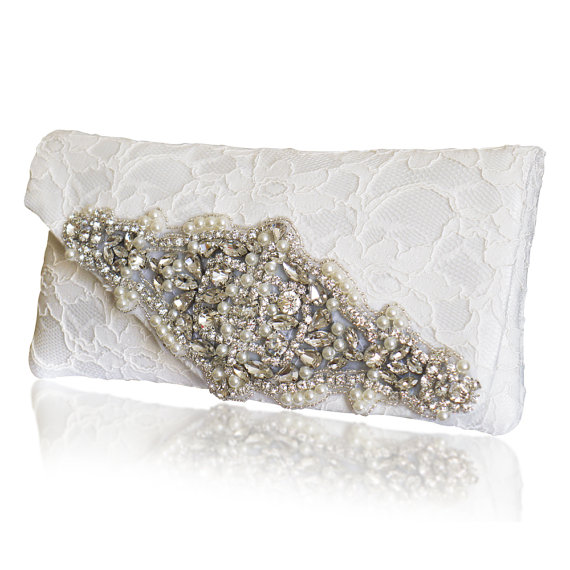Свадьба - Diamante and lace bridal Isabella clutch purse