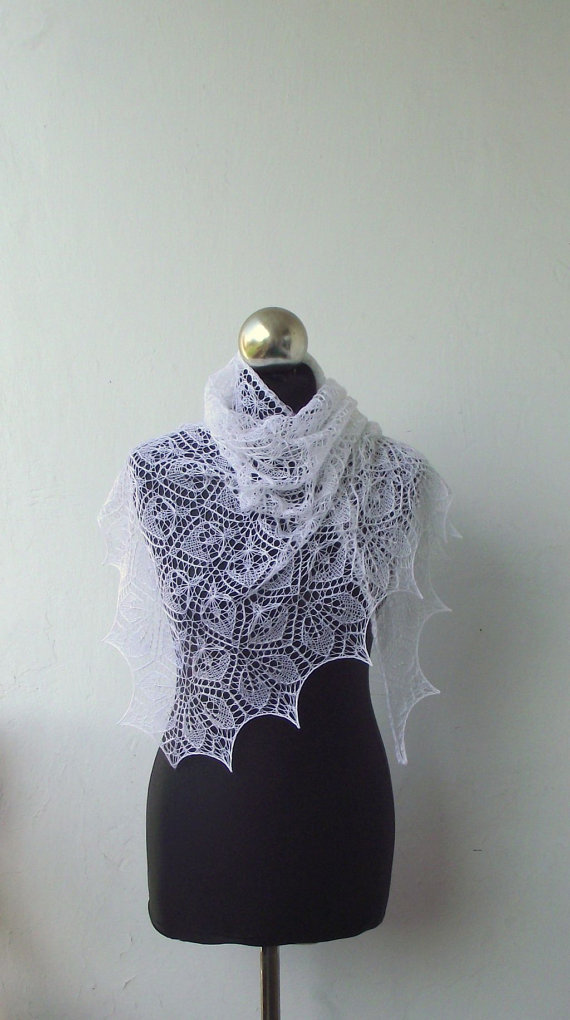 Hochzeit - Lace shawl ,White hand knitted cobweb shawl with beads,lace shawl,white wedding lace shawl