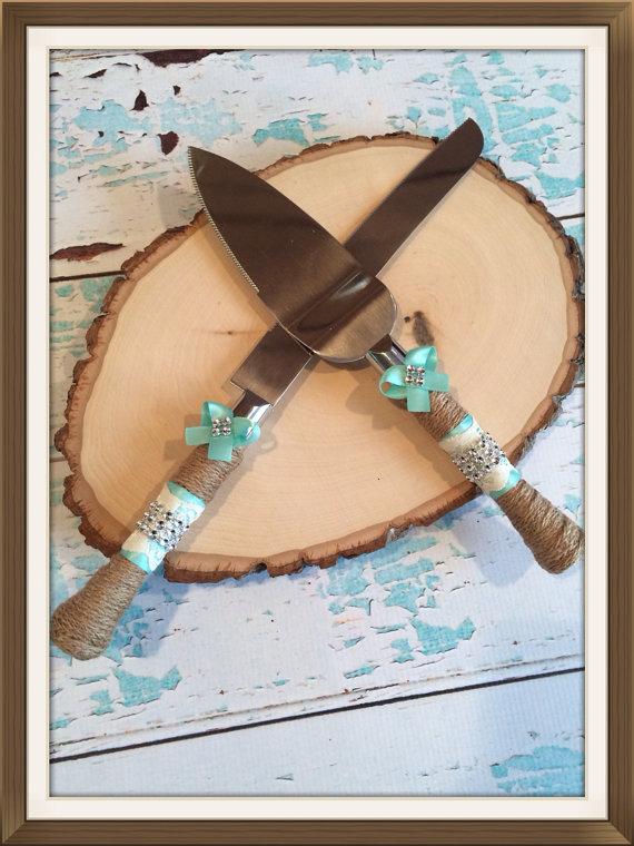 زفاف - AQUA blue / Wedding cake knife set / burlap knife set / cake cutting set / rustic wedding / vintage lace wedding