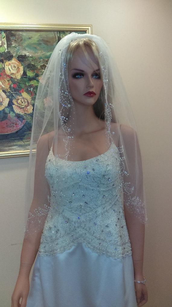 Wedding - Elbow Length Beaded Veil with Comb / Light Ivory or White