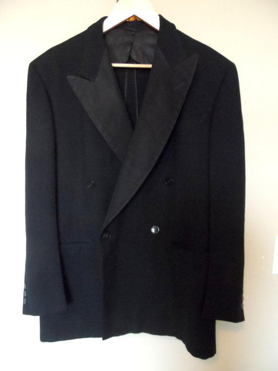 زفاف - Vintage 1940's Tuxedo Dinner Jacket * BOND . Black Wool . Textured Grosgrain Lapel . Wedding . Prom . Party . Excellent Vintage Condition!