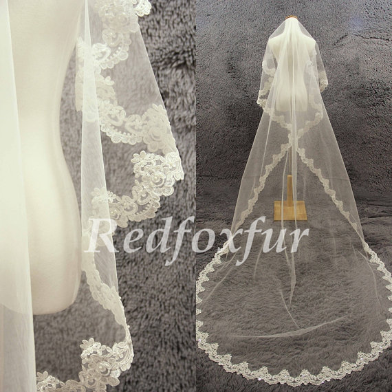 Свадьба - Romantic Cathedral Veil Alencon lace veil Ivory Bridal Veil 1 tier Hand-beaded Lace edge veil Wedding dress veil Wedding Accessories No comb