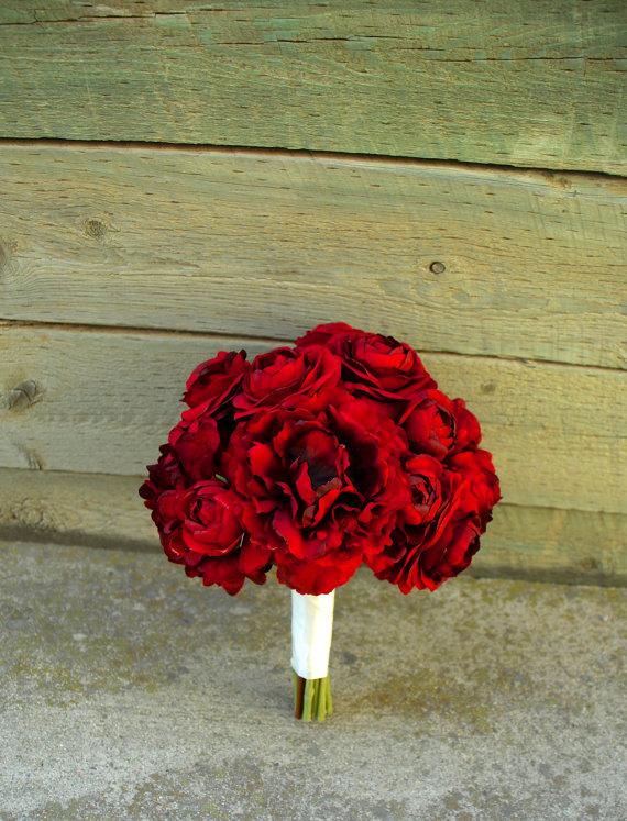 Hochzeit - Red Crimson Silk Wedding Bouquet with Peonies, Ranunculus, and Hydrangea