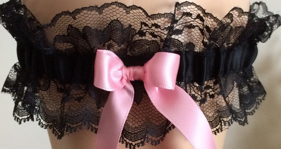 Wedding - Black Lace and Pink Wedding Garter, Prom Garter, Bridal Lace Garter, Keepsake Garter, Wedding Accessories