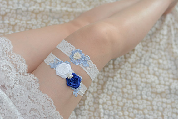 Wedding - bridal garter set, wedding garter set, white lace garter, omething blue garter, garter with blue, flower lace garter, bride garter