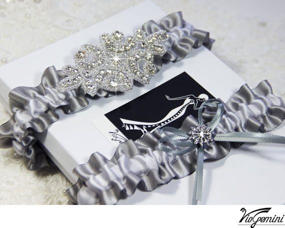 Hochzeit - Luxury Wedding Garter Set, Keepsake garter, toss garter, bridal garter set - Silver ribbon with rhinestone applique