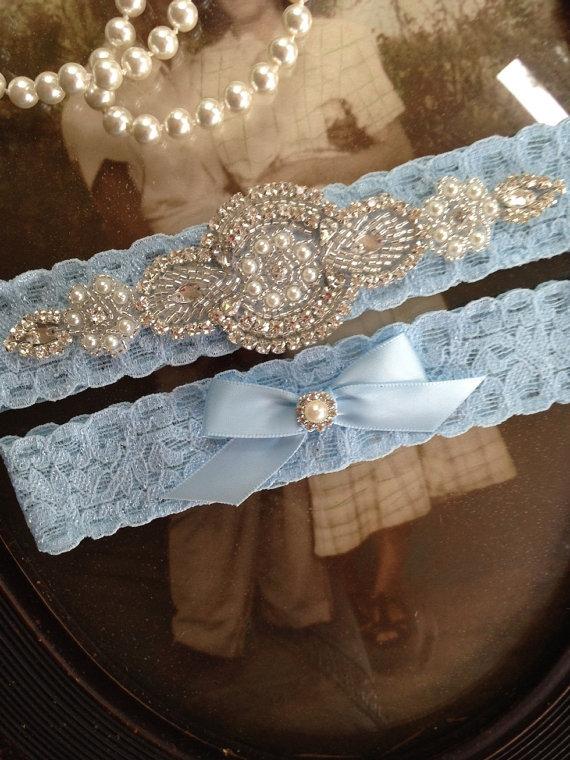 Hochzeit - SALE-Wedding Garter-Garters-Stretch lace-blue garter-Garter-Rhinestone-Pearl garter-Keepsake-Something Blue-Lace Garter-bridal garter-ivory