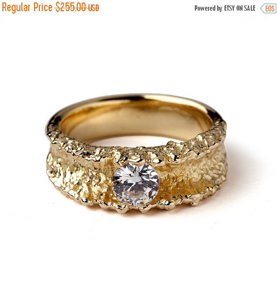 Hochzeit - 20% off SALE - SURF Yellow Gold Engagement Ring, Unique CZ Engagement Ring, Organic Gold Ring, Round Solitaire Engagement Ring