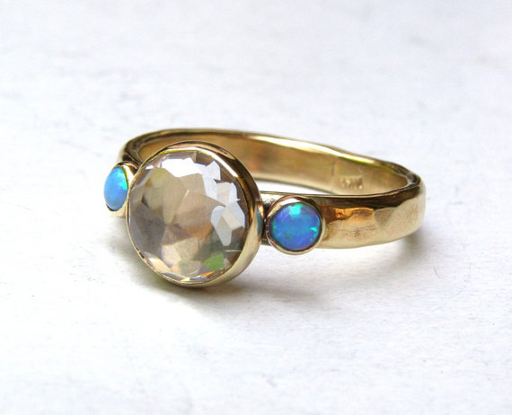 زفاف - Handmade Engagement Ring Similar diamond ring wedding ring Blue Opals Gemstone ,statement, fine 14k gold ring MADE TO ORDER