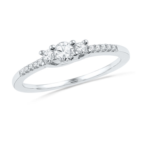 زفاف - Accented Diamond Engagement Ring, Three Stone Sterling Silver or White Gold Ring