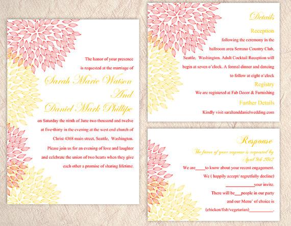 Hochzeit - DIY Wedding Invitation Template Set Editable Word File Download Printable Floral Invitation Pink Wedding Invitation Yellow Invitations