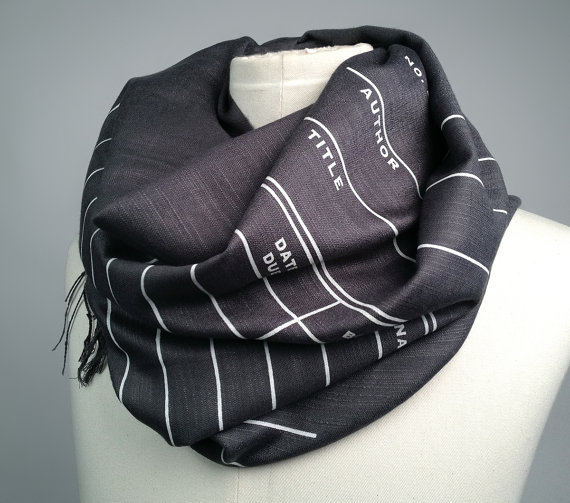 Wedding - Library Date Due scarf. Book Scarf. Charcoal linen weave pashmina, white print. Library science gift. For him or her. More colors available!