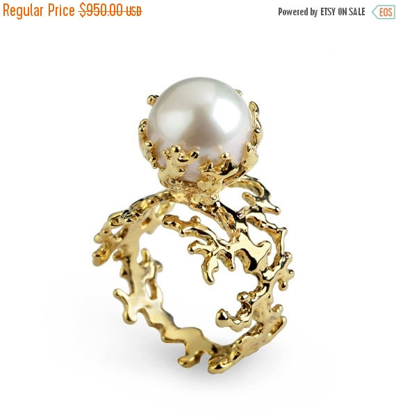 Wedding - 20% off SALE - CORAL White Pearl Ring, Gold Pearl Engagement Ring, White Pearl Engagement Ring, Organic Gold Ring, Pearl Gold Ring, Unique L