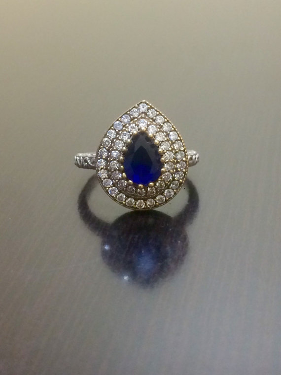 Hochzeit - Art Deco Blue Sapphire Engagement Ring - Double Halo Sapphire Wedding Ring - Sapphire Art Deco Ring - Handmade Ring - Halo Sapphire Ring