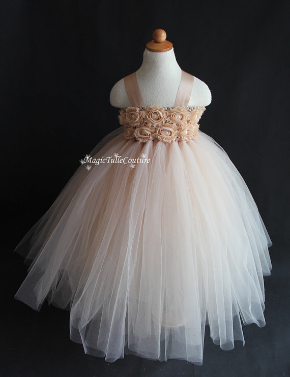 Mariage - Blush flower girl tutu dress wedding dress Junior Bridesmaid Dress 1T2T3T4T5T6T7T8T9T
