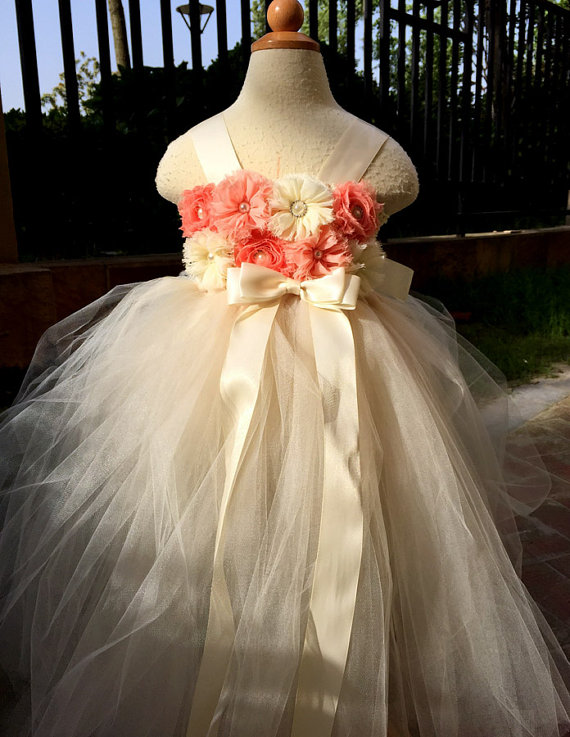 Hochzeit - Tutu Flower Girl Dress Coral Ivory tutu dress baby dress toddler birthday dress wedding dress 0-8t