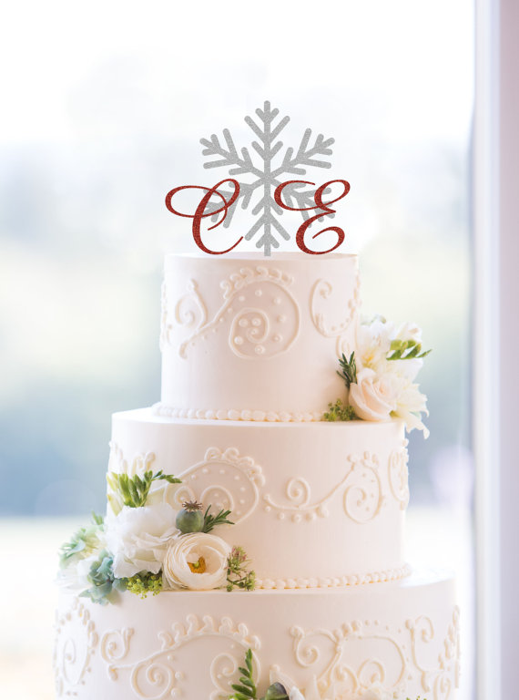 Wedding - Snowflake Monogram Wedding Cake Topper, Custom Two Initials and Snowflake Topper Available in 15 Colors and 19 Glitter Options- (S103)