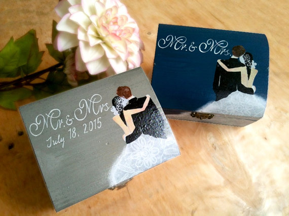 Mariage - Royal Blue Gray Ring Bearer Box Rustic Nautical Wedding Woodland Wooden box Gift box Wedding decor gift idea