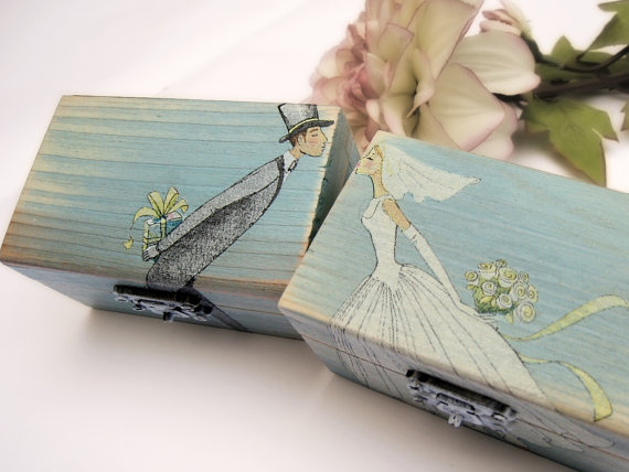 زفاف - Personalized Turquoise Wedding Ring bearer box Wooden box Gift box Wedding decor gift idea