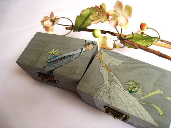 زفاف - Personalized Grey Wedding Ring bearer box Wooden box Gift box Wedding decor gift idea